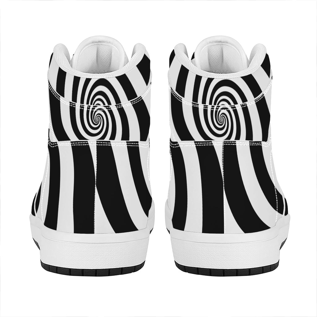 Black And White Spiral Illusion Print High Top Leather Sneakers