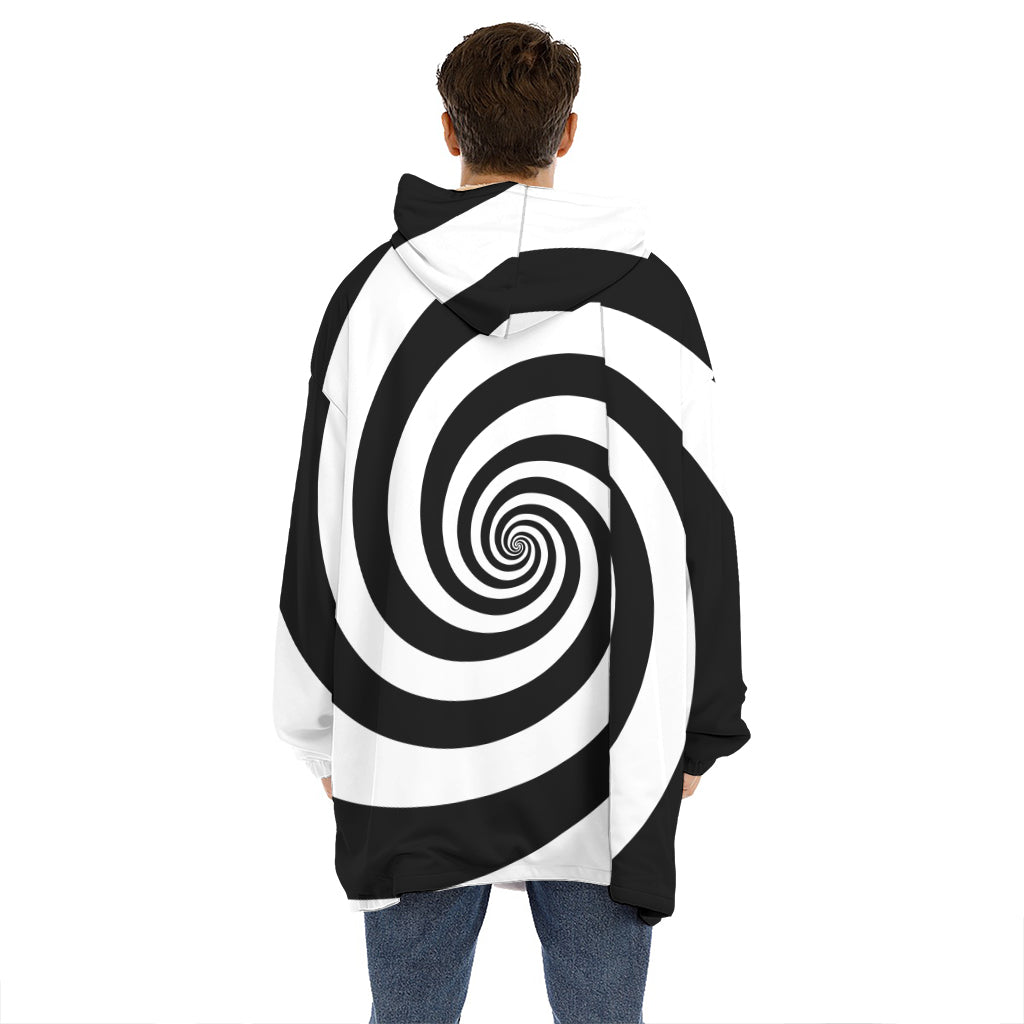 Black And White Spiral Illusion Print Hoodie Blanket