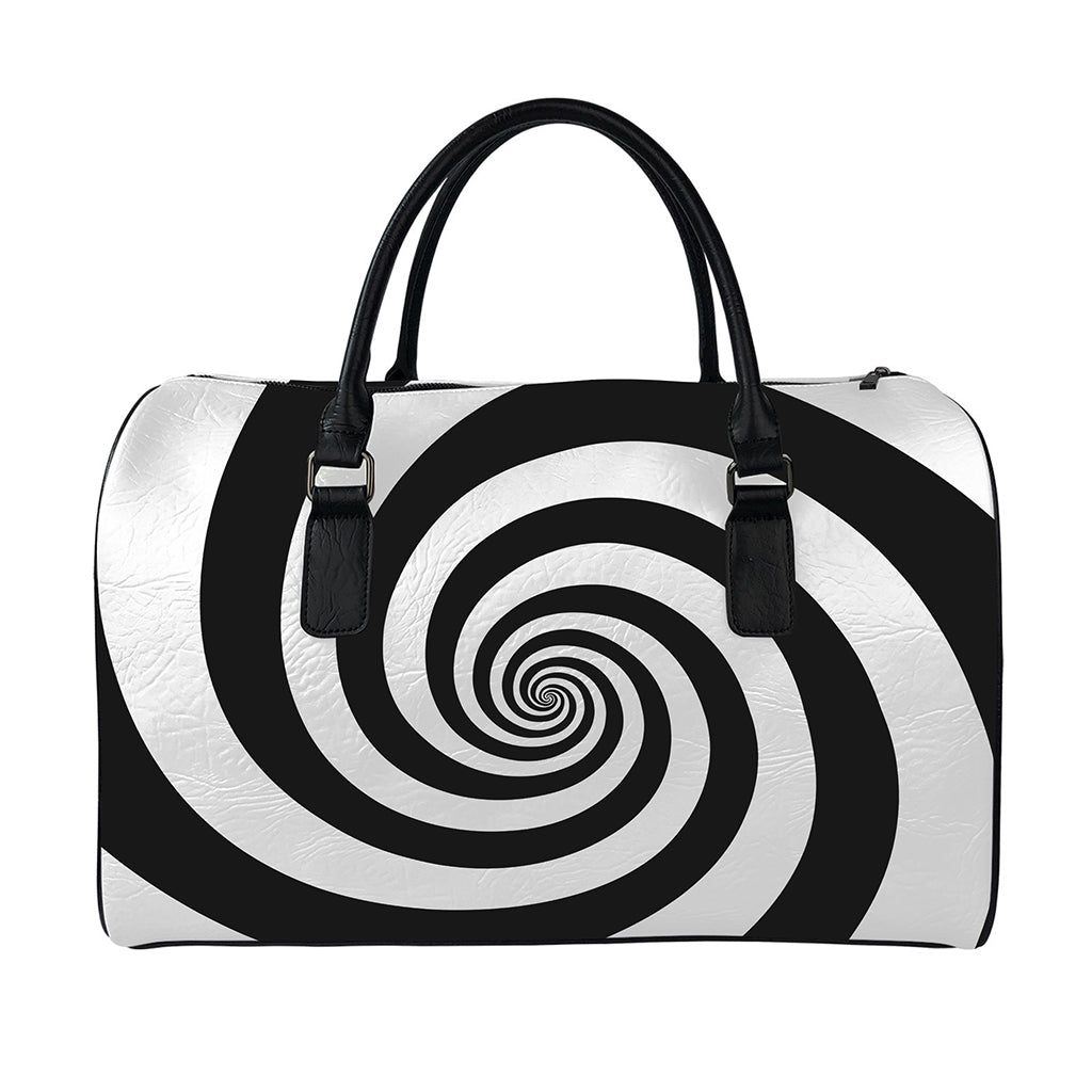 Black And White Spiral Illusion Print Leather Duffle Bag