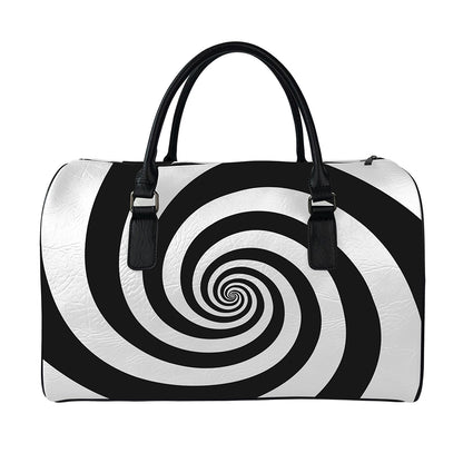 Black And White Spiral Illusion Print Leather Duffle Bag