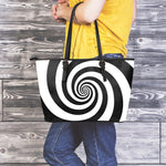 Black And White Spiral Illusion Print Leather Tote Bag