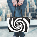 Black And White Spiral Illusion Print Leather Tote Bag