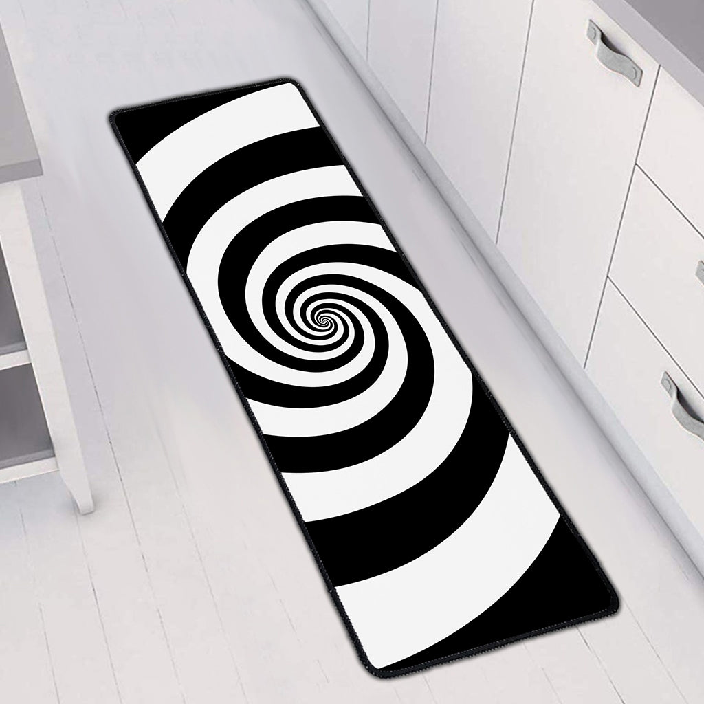 Black And White Spiral Illusion Print Long Kitchen Mat