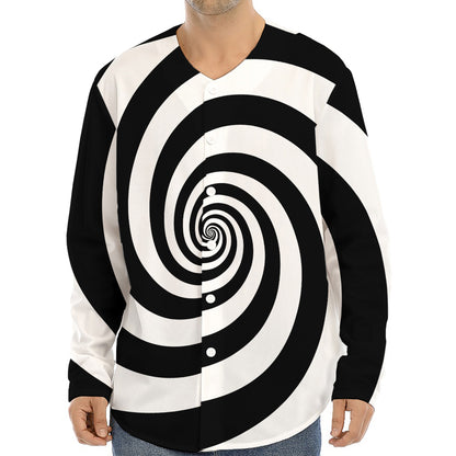 Black And White Spiral Illusion Print Long Sleeve Baseball Jersey