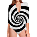 Black And White Spiral Illusion Print Long Sleeve Swimsuit