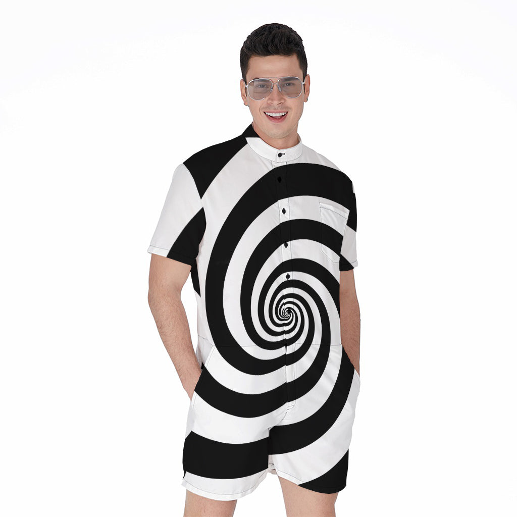 Black And White Spiral Illusion Print Men's Rompers