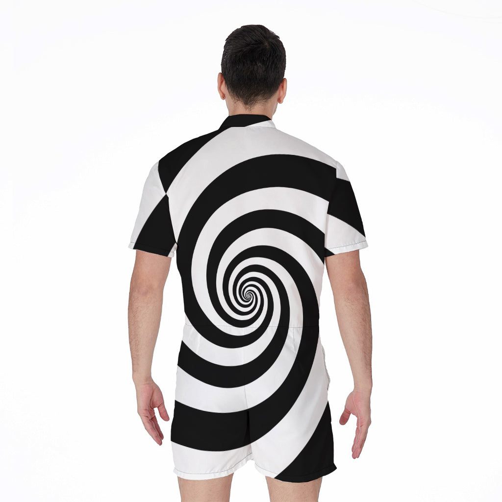 Black And White Spiral Illusion Print Men's Rompers