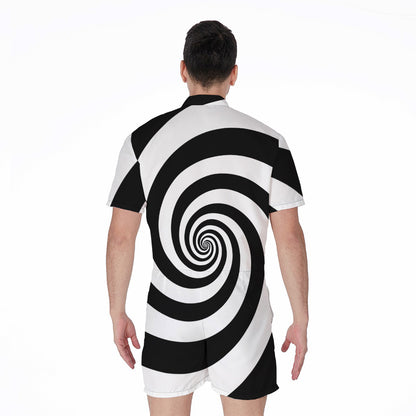 Black And White Spiral Illusion Print Men's Rompers