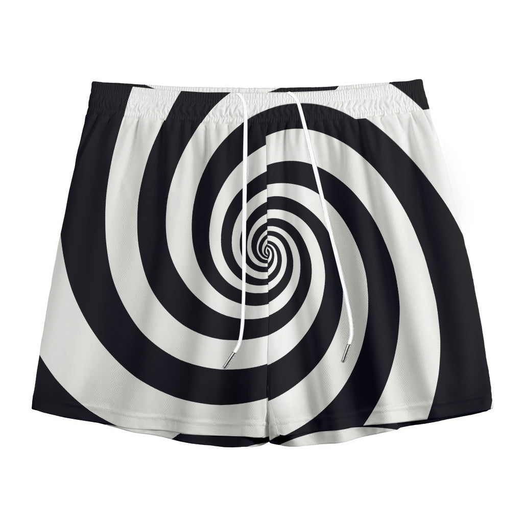 Black And White Spiral Illusion Print Mesh Shorts
