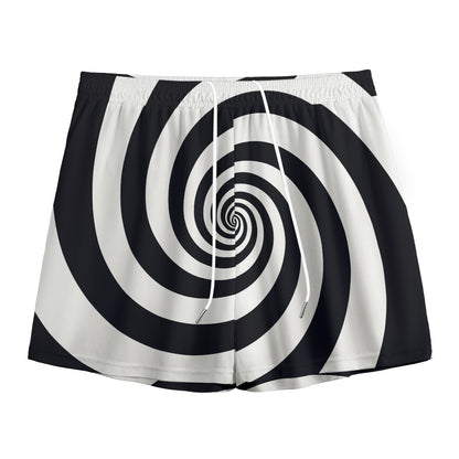 Black And White Spiral Illusion Print Mesh Shorts