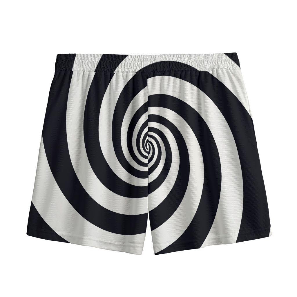 Black And White Spiral Illusion Print Mesh Shorts