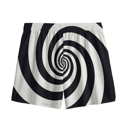 Black And White Spiral Illusion Print Mesh Shorts