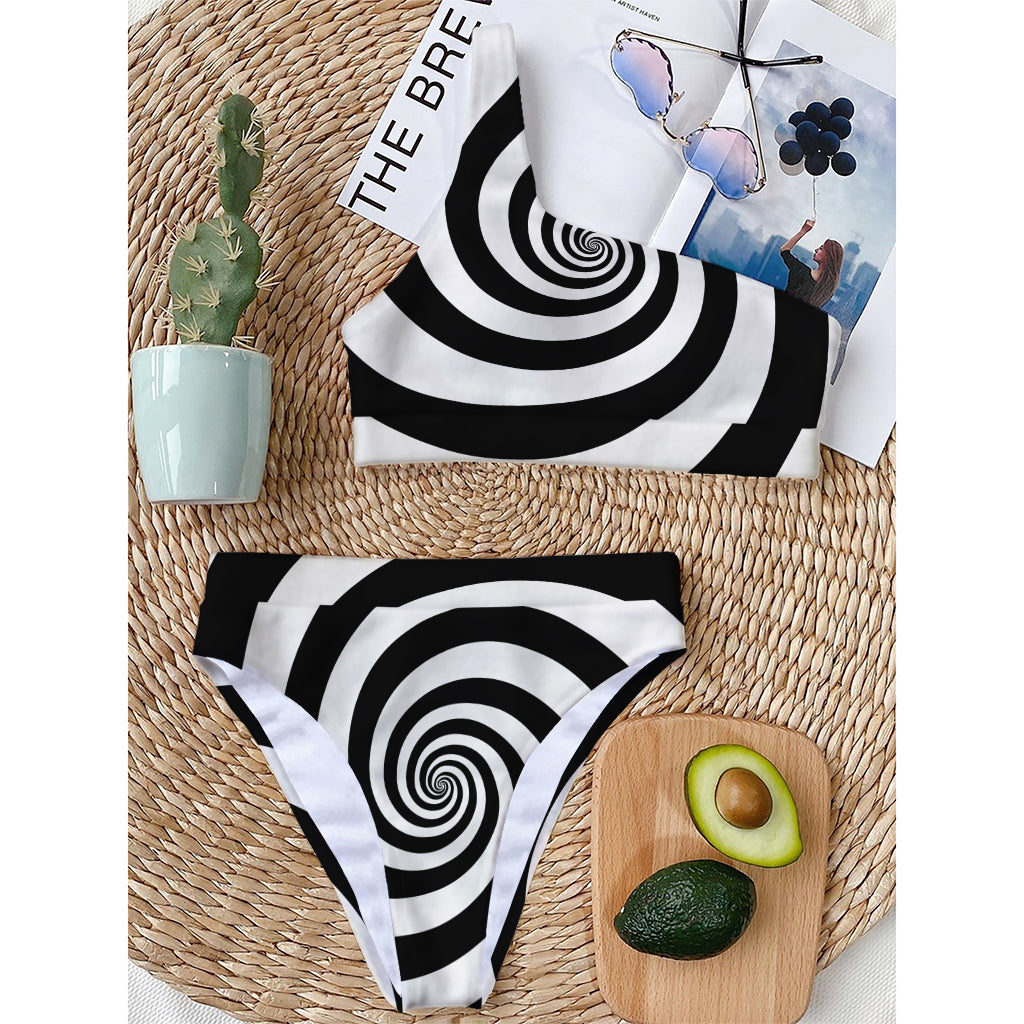Black And White Spiral Illusion Print One Shoulder Bikini Top