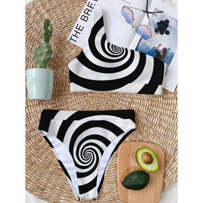 Black And White Spiral Illusion Print One Shoulder Bikini Top