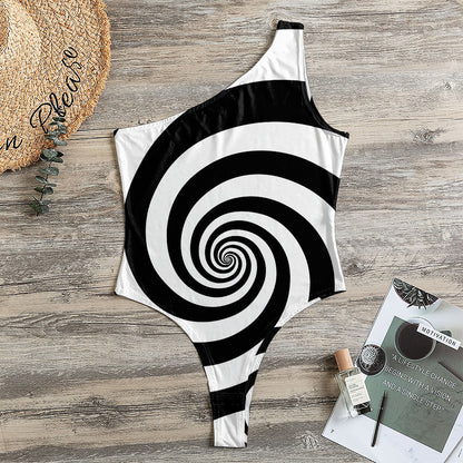 Black And White Spiral Illusion Print One Shoulder Bodysuit