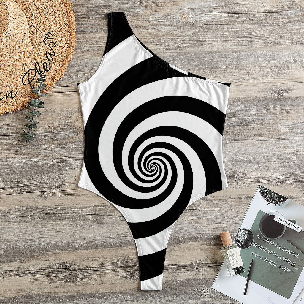 Black And White Spiral Illusion Print One Shoulder Bodysuit