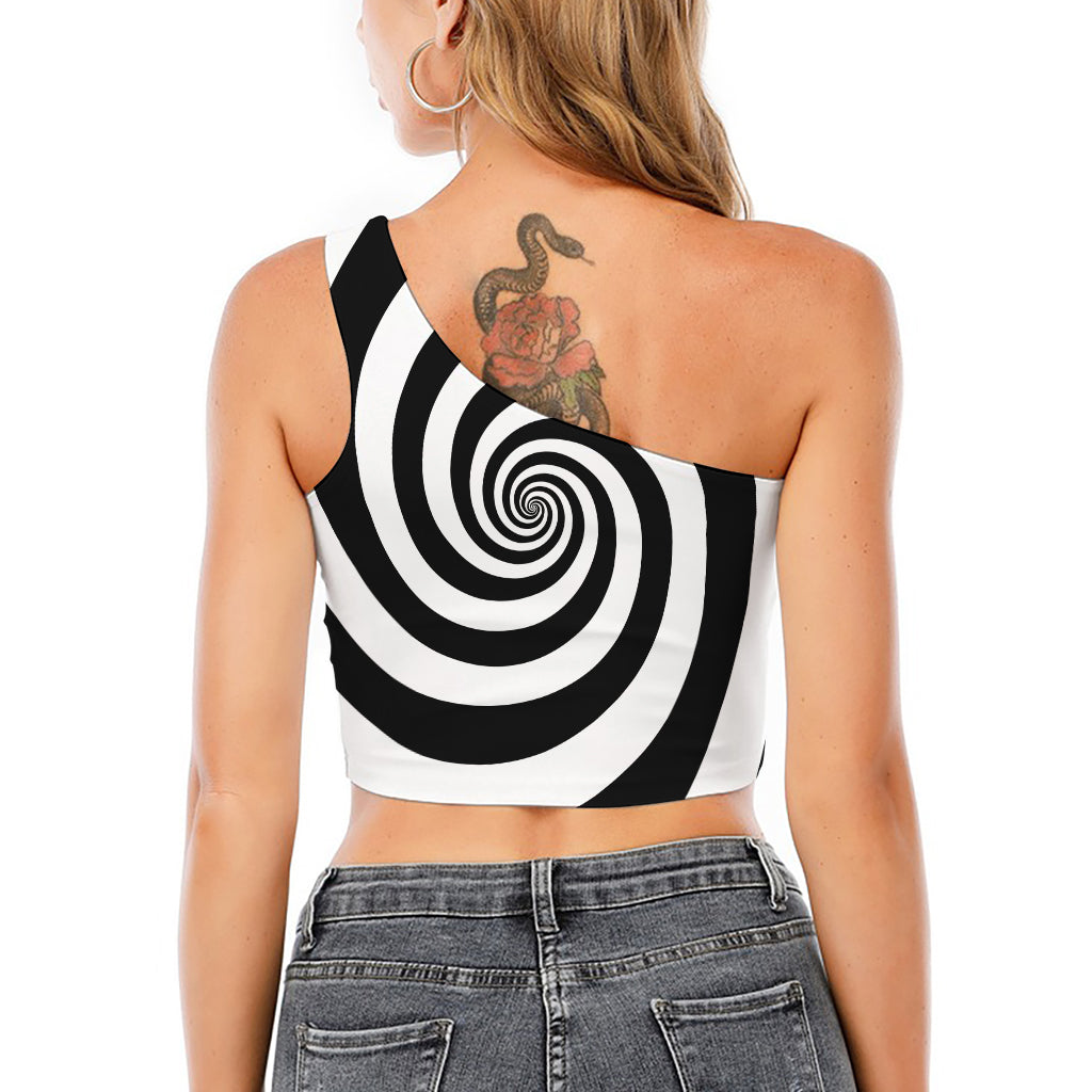 Black And White Spiral Illusion Print One Shoulder Crop Top