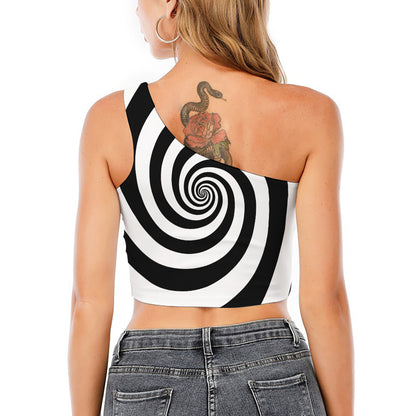 Black And White Spiral Illusion Print One Shoulder Crop Top