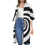 Black And White Spiral Illusion Print Open Front Beach Cover Up
