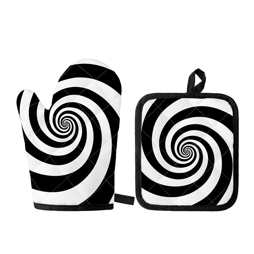 Black And White Spiral Illusion Print Oven Mitt And Pot Holder Set