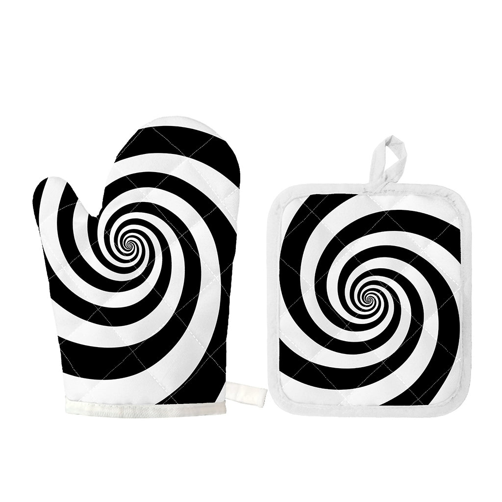 Black And White Spiral Illusion Print Oven Mitt And Pot Holder Set