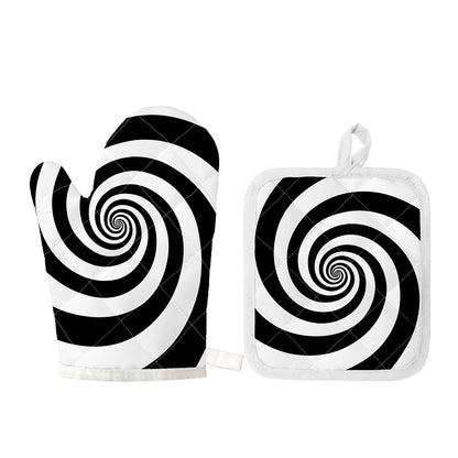 Black And White Spiral Illusion Print Oven Mitt And Pot Holder Set