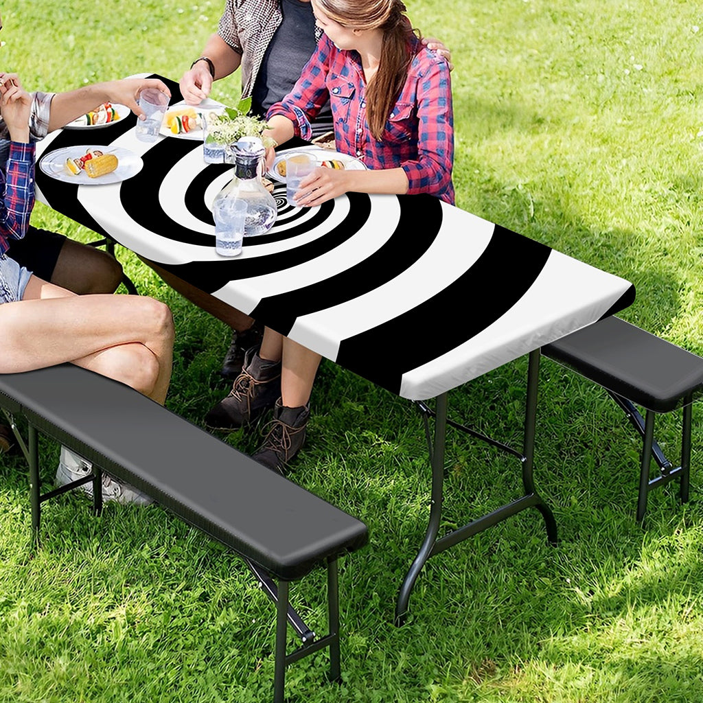 Black And White Spiral Illusion Print Picnic Table Cover