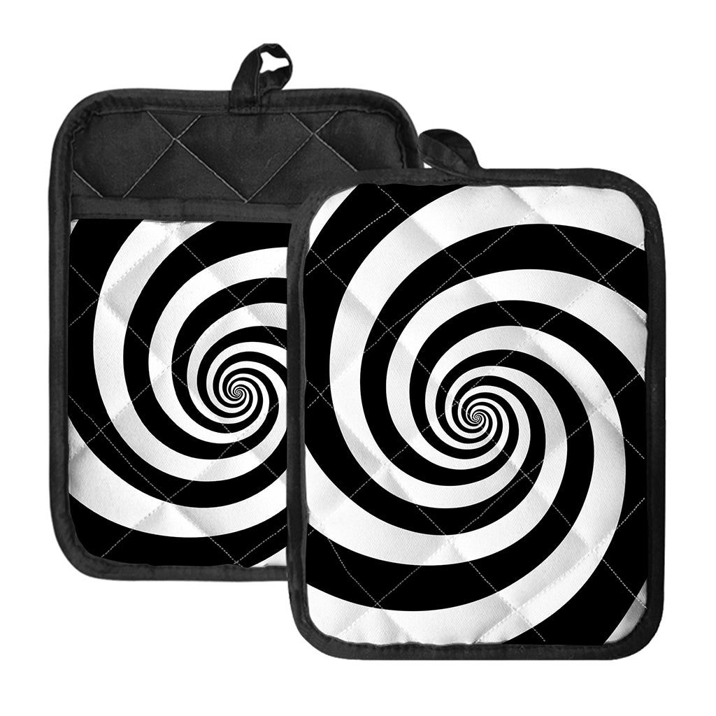 Black And White Spiral Illusion Print Pot Holders With Pocket