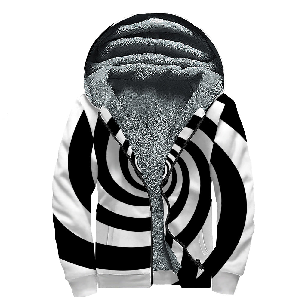 Black And White Spiral Illusion Print Sherpa Lined Zip Up Hoodie