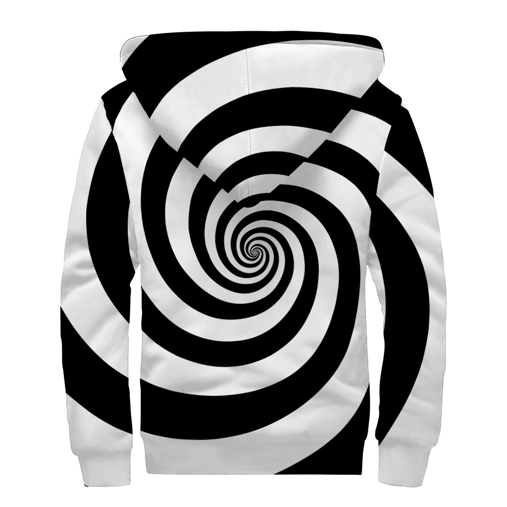Black And White Spiral Illusion Print Sherpa Lined Zip Up Hoodie