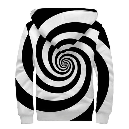 Black And White Spiral Illusion Print Sherpa Lined Zip Up Hoodie
