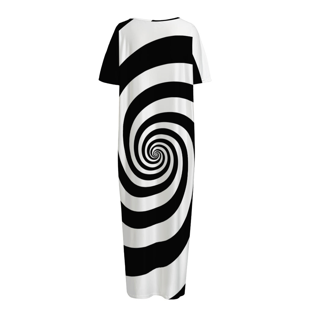 Black And White Spiral Illusion Print Short Sleeve Long Nightdress