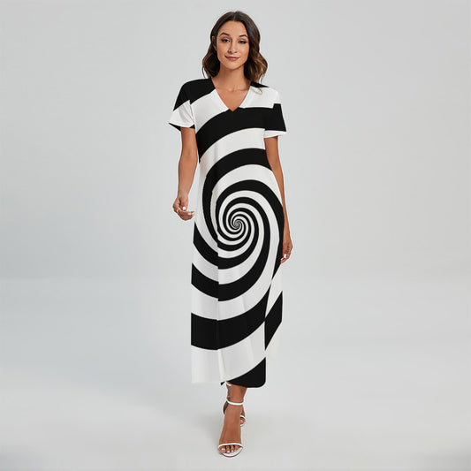 Black And White Spiral Illusion Print Short Sleeve Maxi Dress