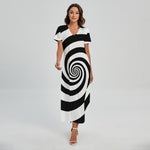 Black And White Spiral Illusion Print Short Sleeve Maxi Dress