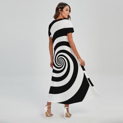 Black And White Spiral Illusion Print Short Sleeve Maxi Dress