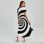 Black And White Spiral Illusion Print Short Sleeve Maxi Dress