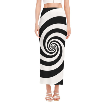 Black And White Spiral Illusion Print Side Slit Maxi Skirt