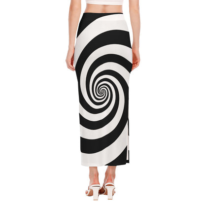 Black And White Spiral Illusion Print Side Slit Maxi Skirt