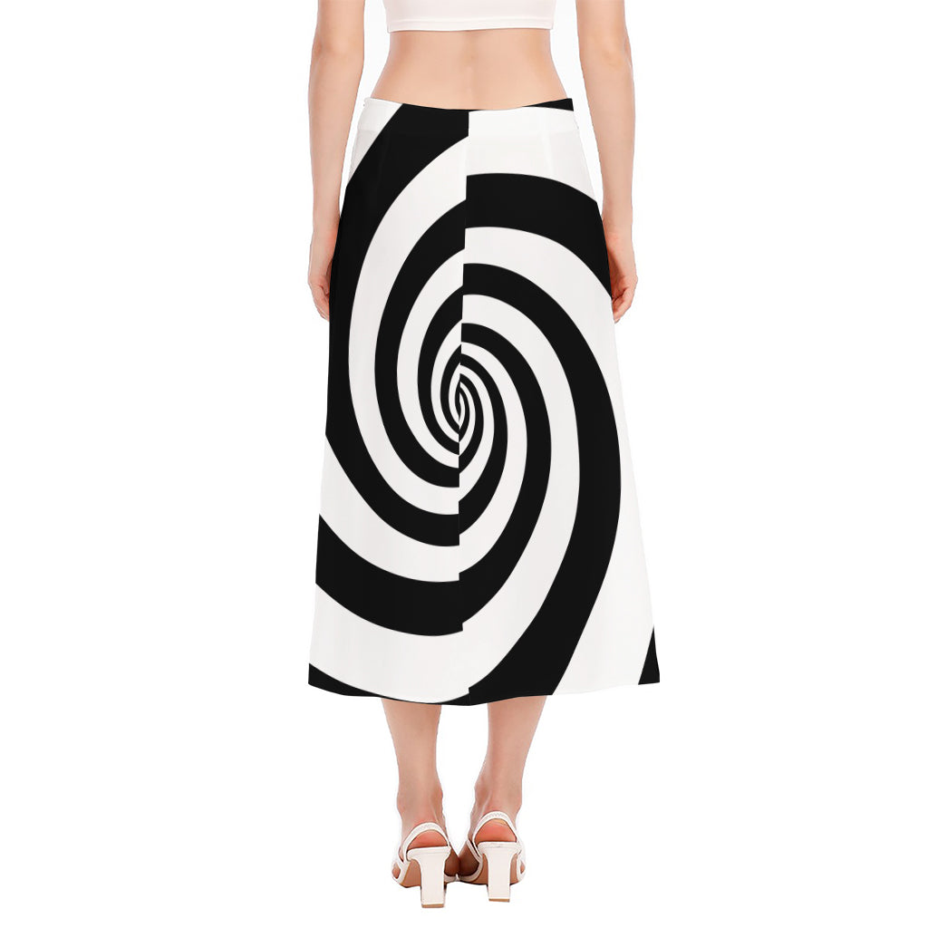 Black And White Spiral Illusion Print Side Slit Midi Skirt