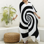 Black And White Spiral Illusion Print Silk V-Neck Kaftan Dress