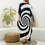Black And White Spiral Illusion Print Silk V-Neck Kaftan Dress
