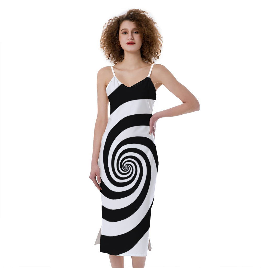 Black And White Spiral Illusion Print Slim Fit Midi Cami Dress