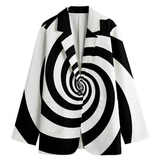 Black And White Spiral Illusion Print Women's Cotton Blazer
