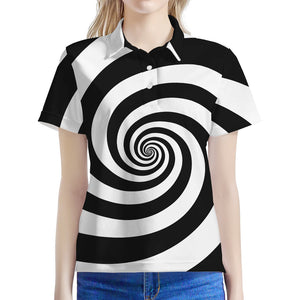 Black And White Spiral Illusion Print Women's Polo Shirt