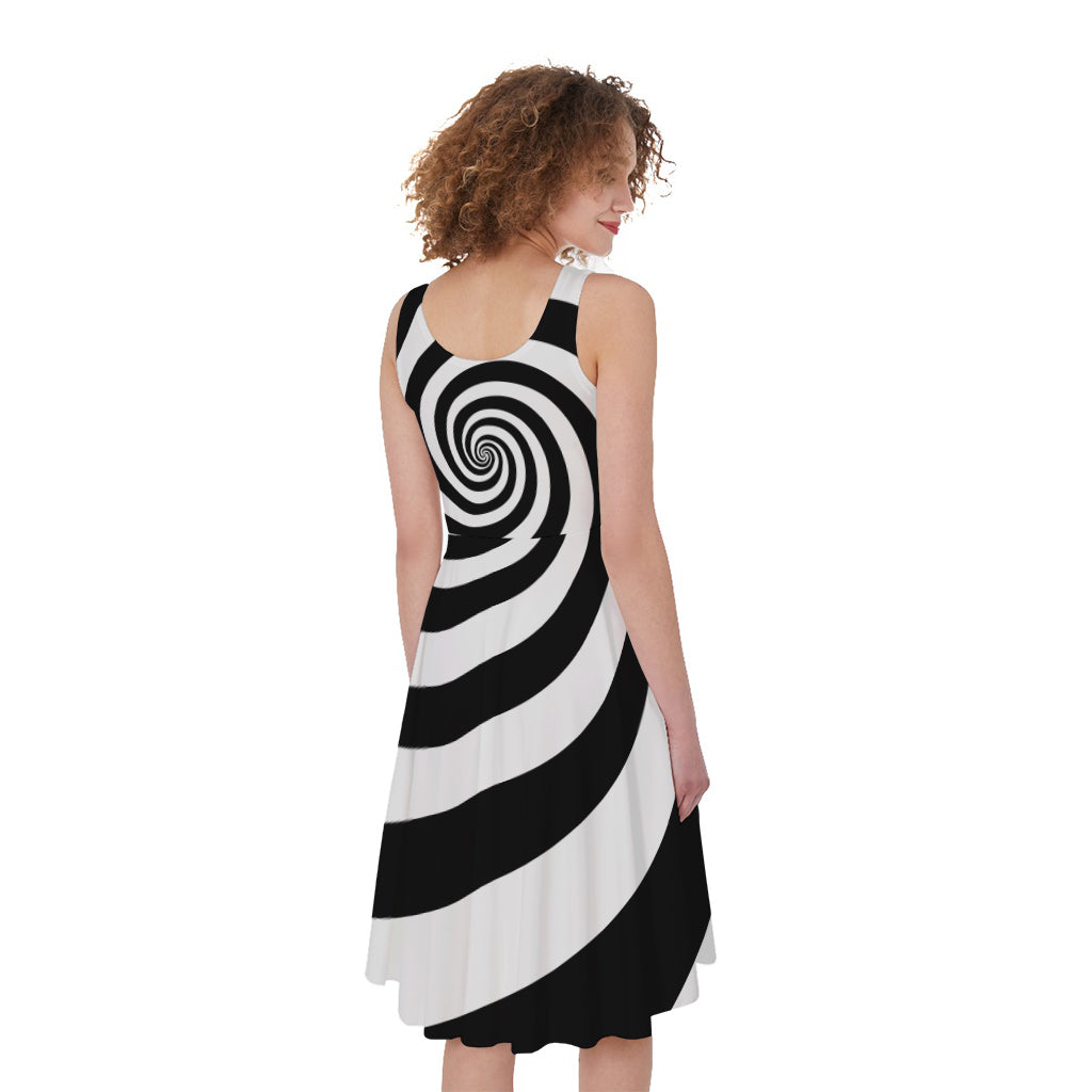 Black And White Spiral Illusion Print Women's Sleeveless Dress