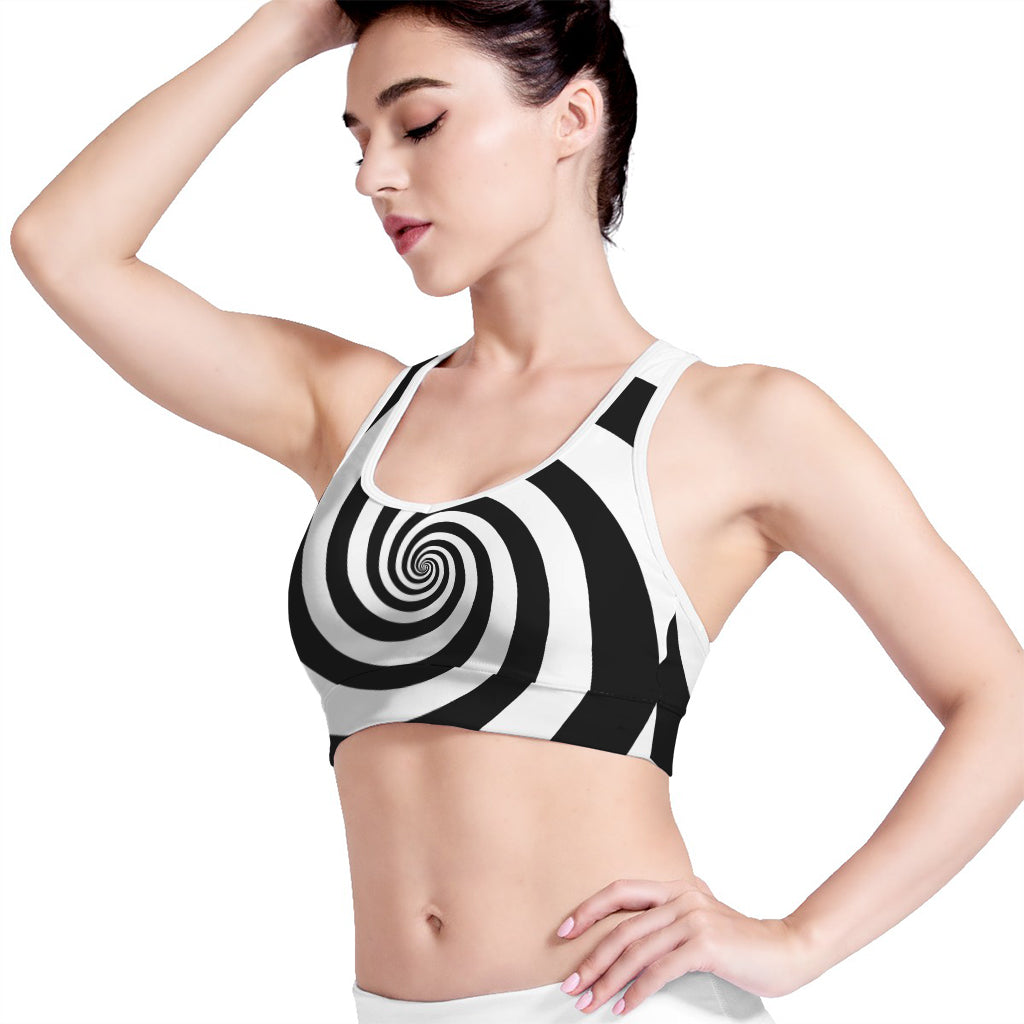 Black And White Spiral Illusion Print Women's Sports Bra