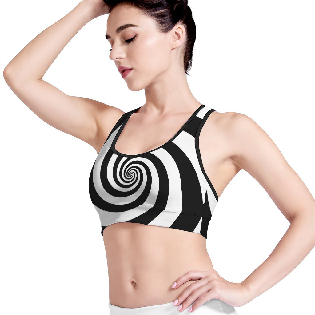 Black And White Spiral Illusion Print Women's Sports Bra