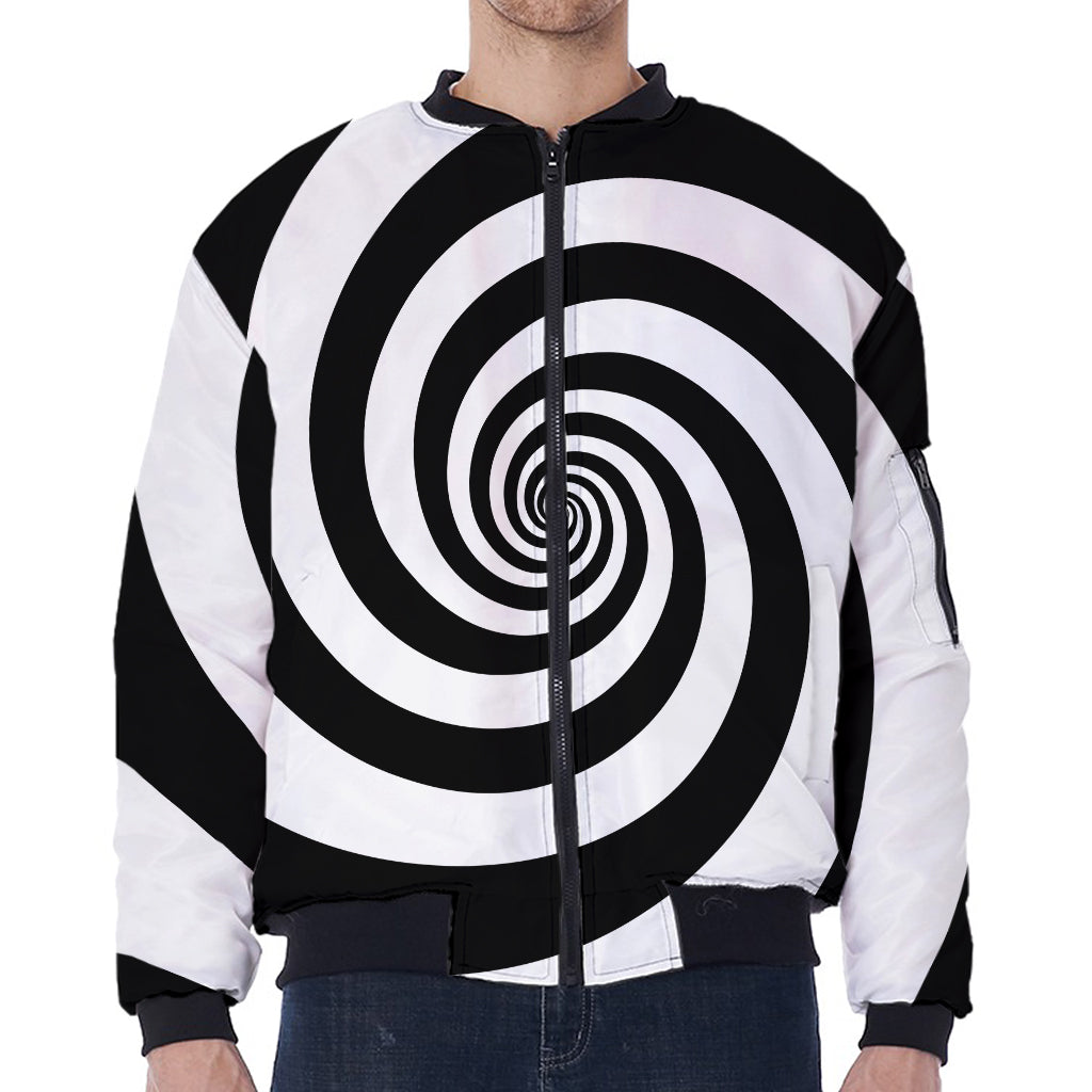 Black And White Spiral Illusion Print Zip Sleeve Bomber Jacket