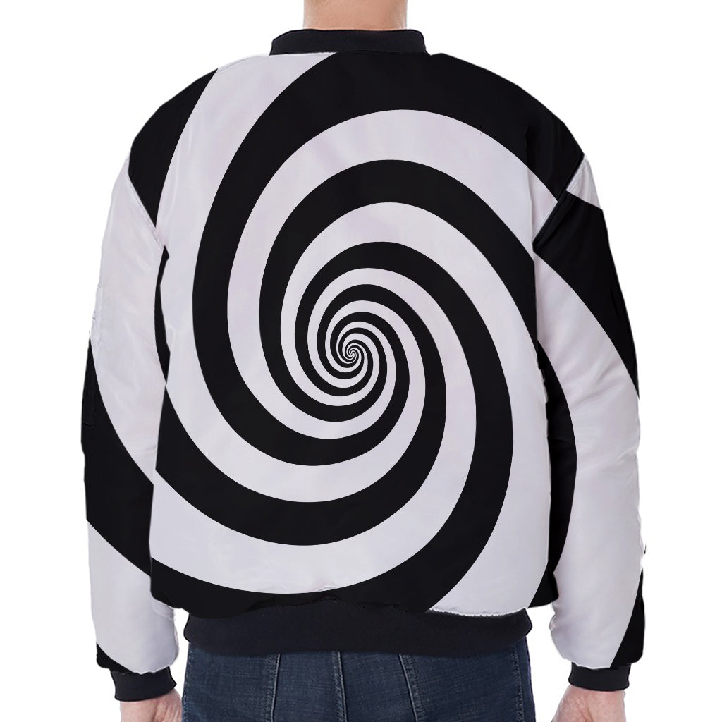 Black And White Spiral Illusion Print Zip Sleeve Bomber Jacket