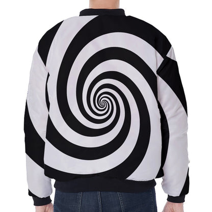 Black And White Spiral Illusion Print Zip Sleeve Bomber Jacket